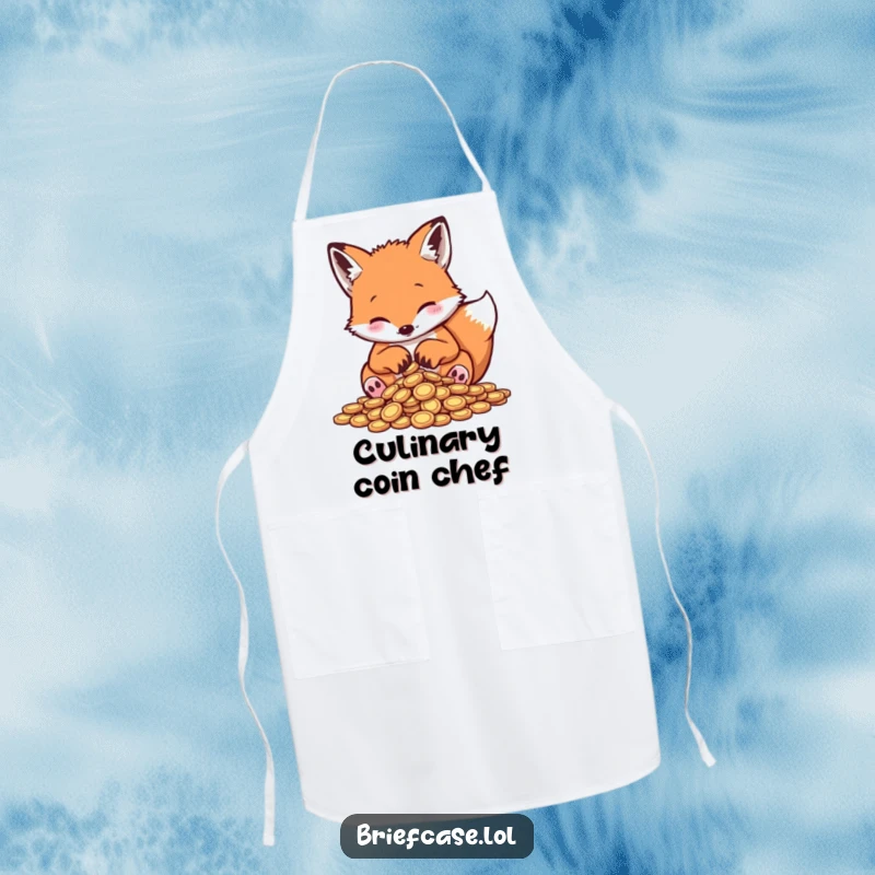 Funny fox apron, playful animal counting coins with paws while cooking, ideal for kitchen humor and funny gifts.