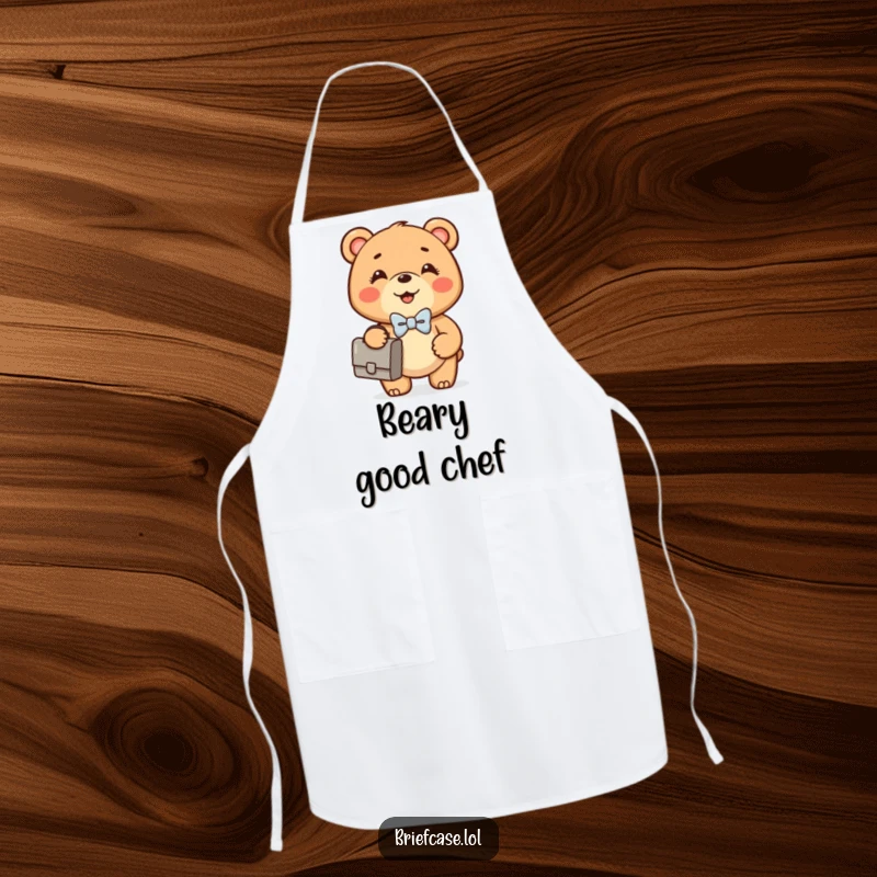 Funny Bear Cub apron showing a happy, round bear cub in a bowtie confidently holding a briefcase, perfect for kitchen fun.