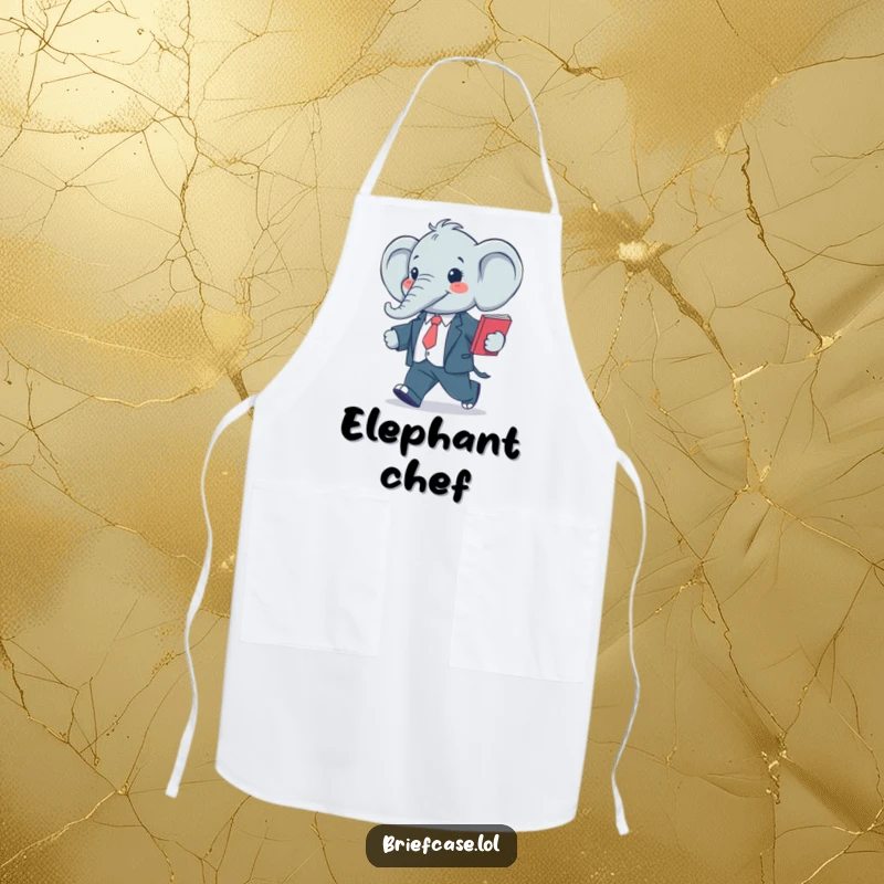 Funny apron featuring a happy, stylized elephant in a suit, confidently striding with a folder, ready for kitchen duties.