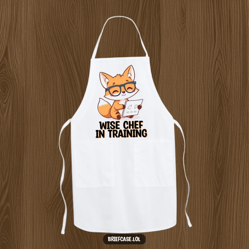 Funny apron showing a cheerful fox with glasses studying a chart, ideal for a witty chef in the kitchen.