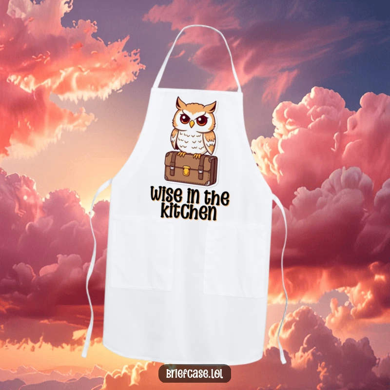 Funny owl apron, determined bird perched on a briefcase while cooking, looking astute, ideal for kitchen humor and funny gifts.