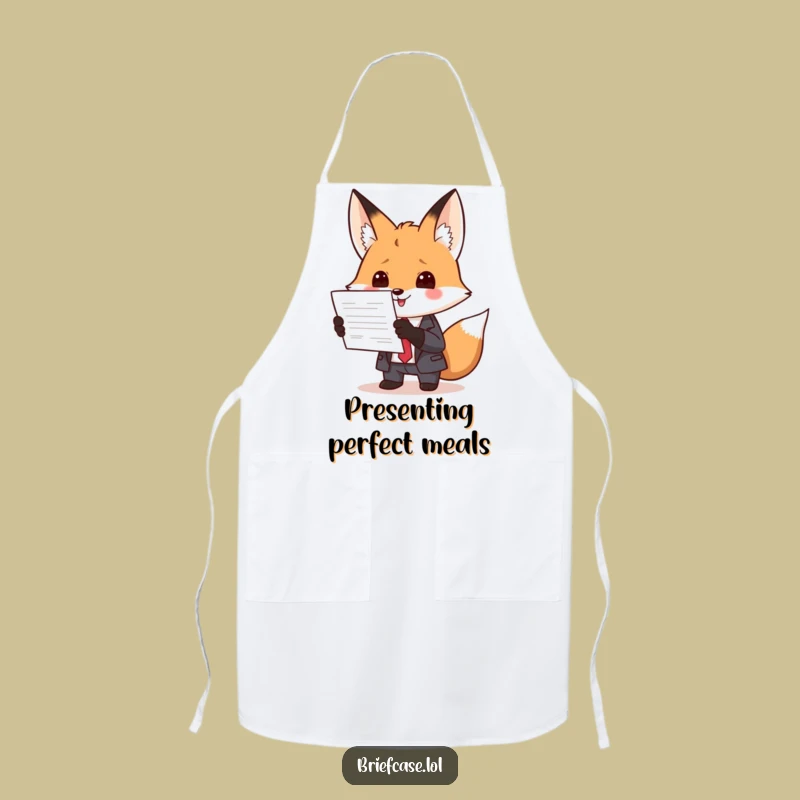 Funny Fox in Suit Presenting Document Apron: Cook Up Some Laughs in the Kitchen