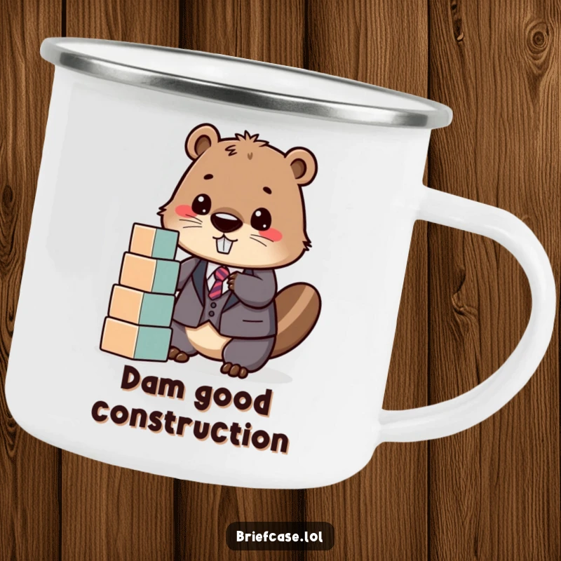 Funny camping mug with a determined beaver in a suit, happily stacking blocks, ideal for outdoor enthusiasts who love building.