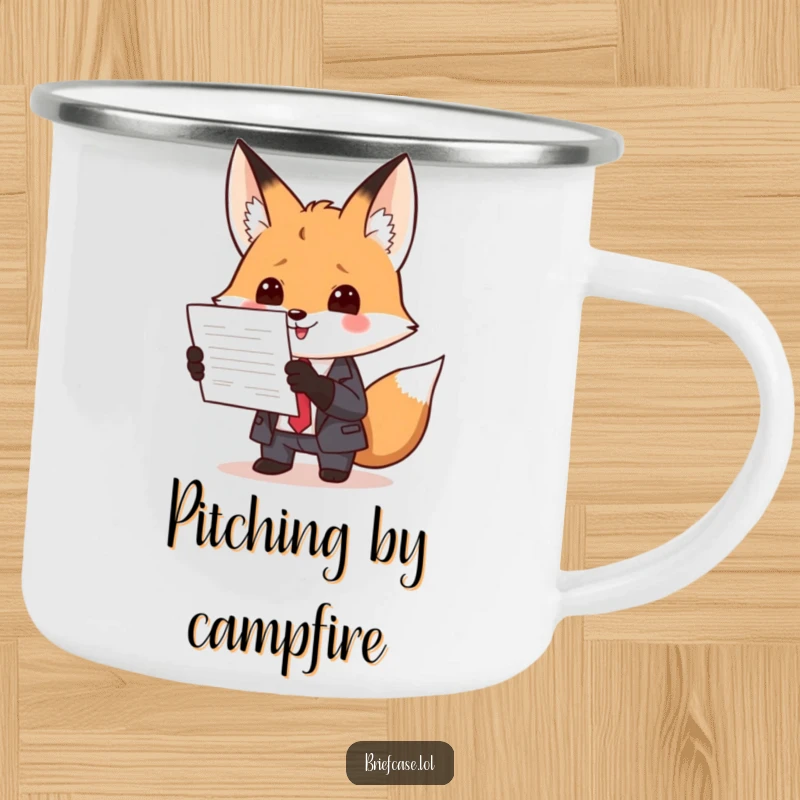 Funny camping mug with a clever fox in a suit, enthusiastically presenting a document, ideal for outdoor enthusiasts who love humor.