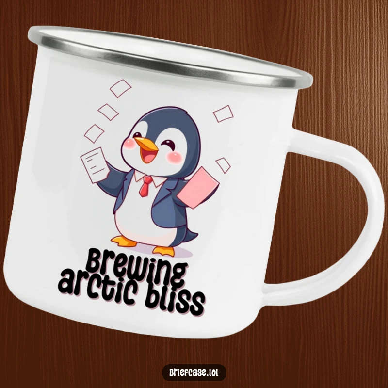 Funny camping mug with a cheerful penguin in a suit, playfully balancing papers, ideal for outdoor lovers who enjoy humor.