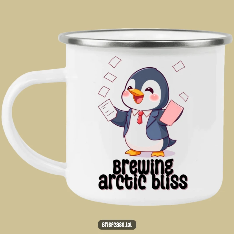Adventure-Ready Funny Penguin in Suit Balancing Papers Camping Mug: Warmth and Wit