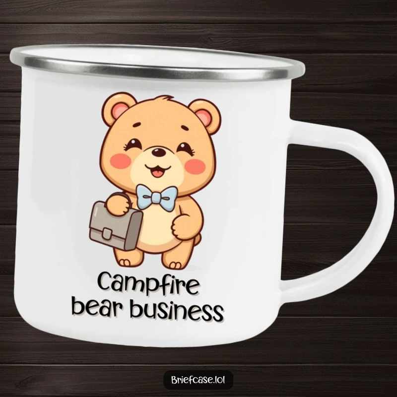 Funny Bear Cub camping mug showing a happy, round bear cub in a bowtie confidently holding a briefcase, perfect for outdoor use.