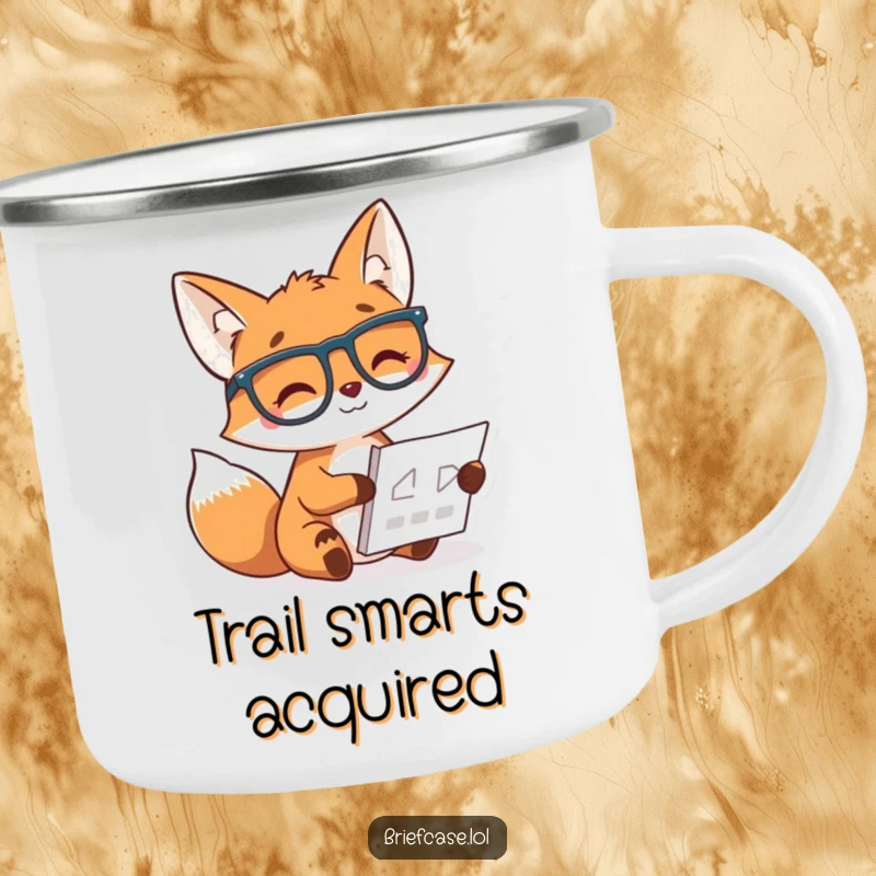Funny camping mug with a cheerful, bespectacled fox studying a chart, perfect for enjoying drinks during outdoor adventures.