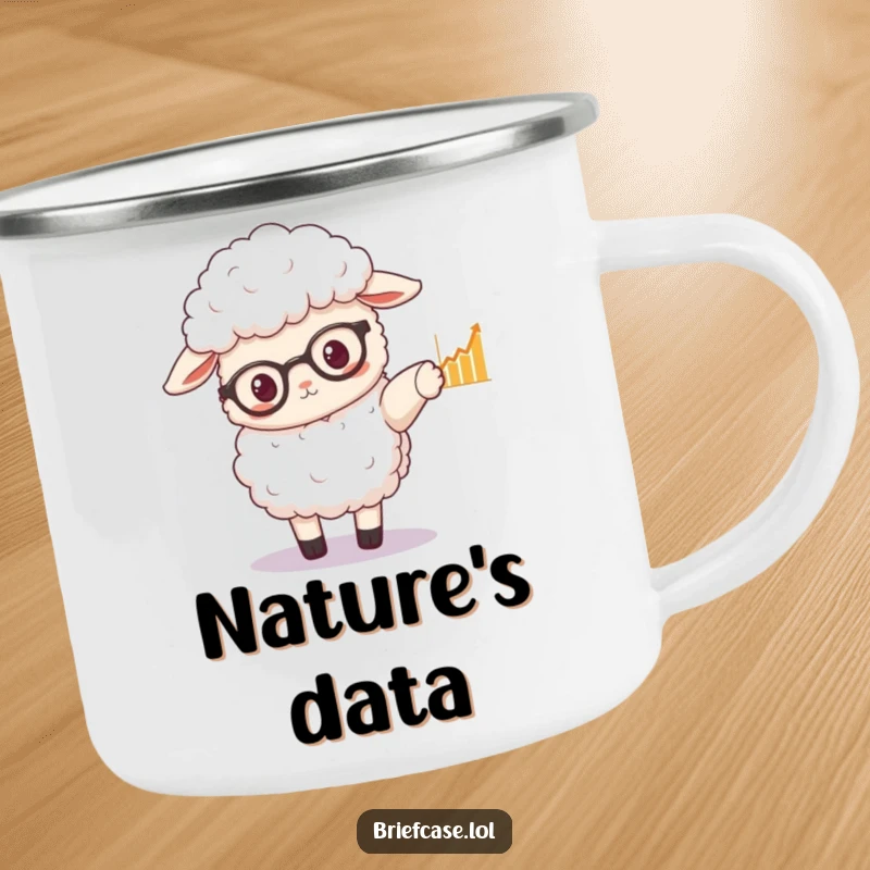 Funny camping mug depicting a fluffy sheep with spectacles pointing to a graph, ready for smart outdoor enjoyment.