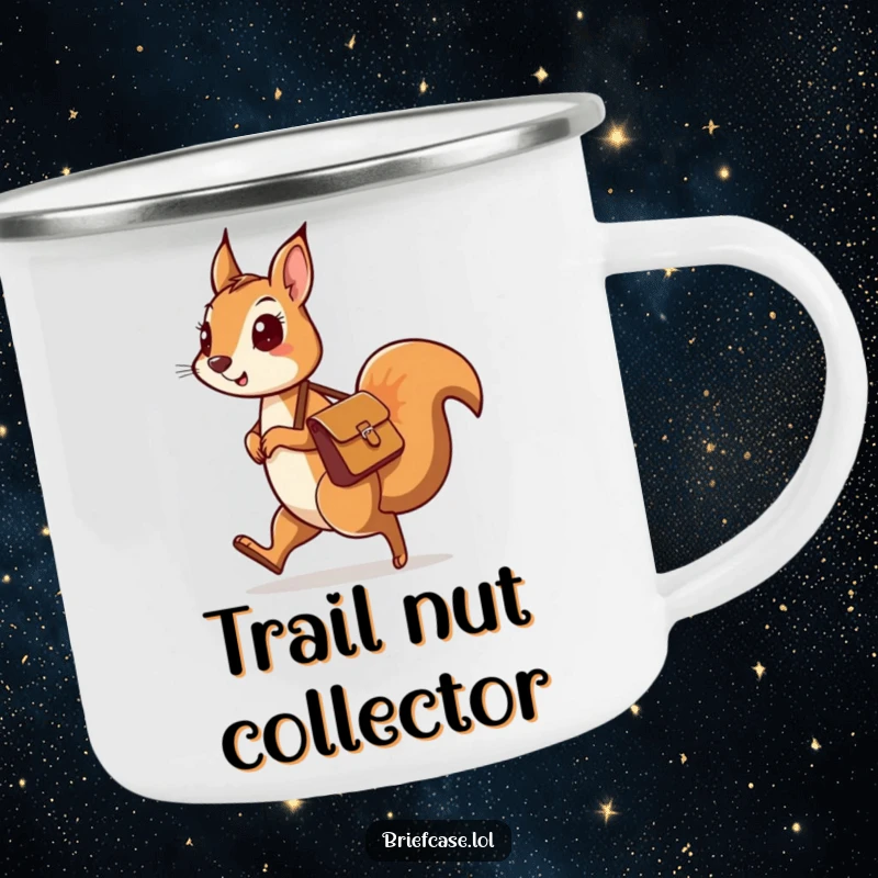 Funny camping mug with a curious squirrel character and a messenger bag skipping along, ready for outdoor adventures.