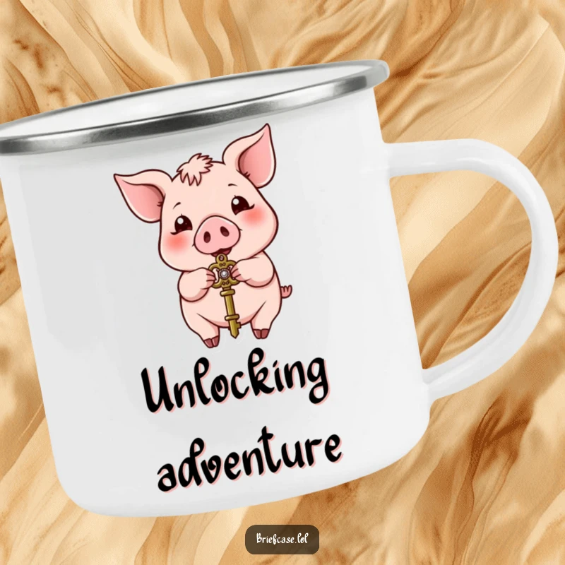 Funny pig camping mug, happy animal presenting a small ornate key during an outdoor adventure, perfect funny gift.