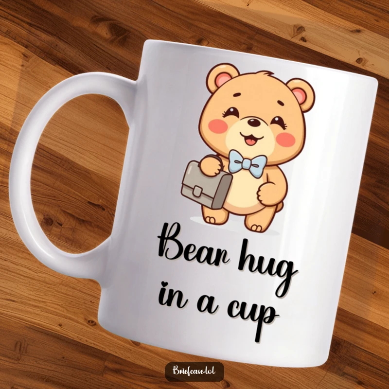 Funny Bear Cub mug showing a happy, round bear cub in a bowtie holding a briefcase confidently, ideal for business lovers.