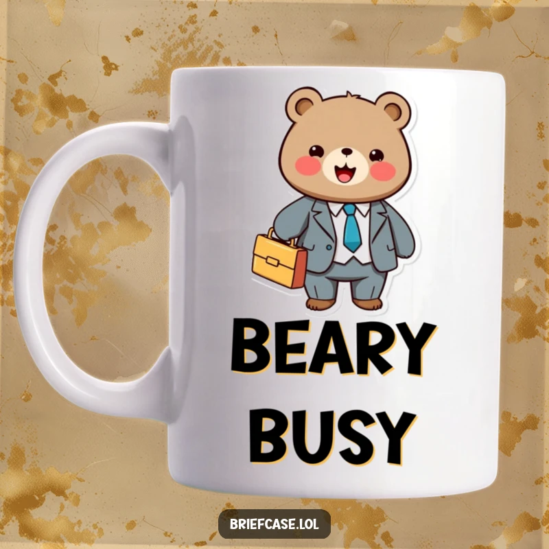 Funny mug of a cute, round bear wearing a smart suit, joyfully holding a briefcase with a happy expression.