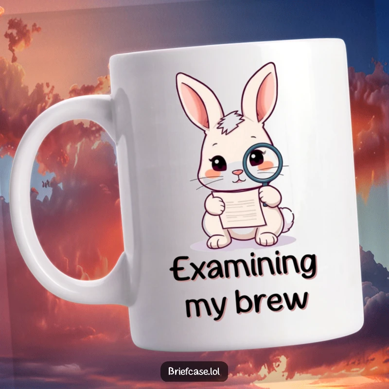 Funny rabbit mug, curious animal holding a magnifying glass over a small document, investigating with humor, perfect funny gift.