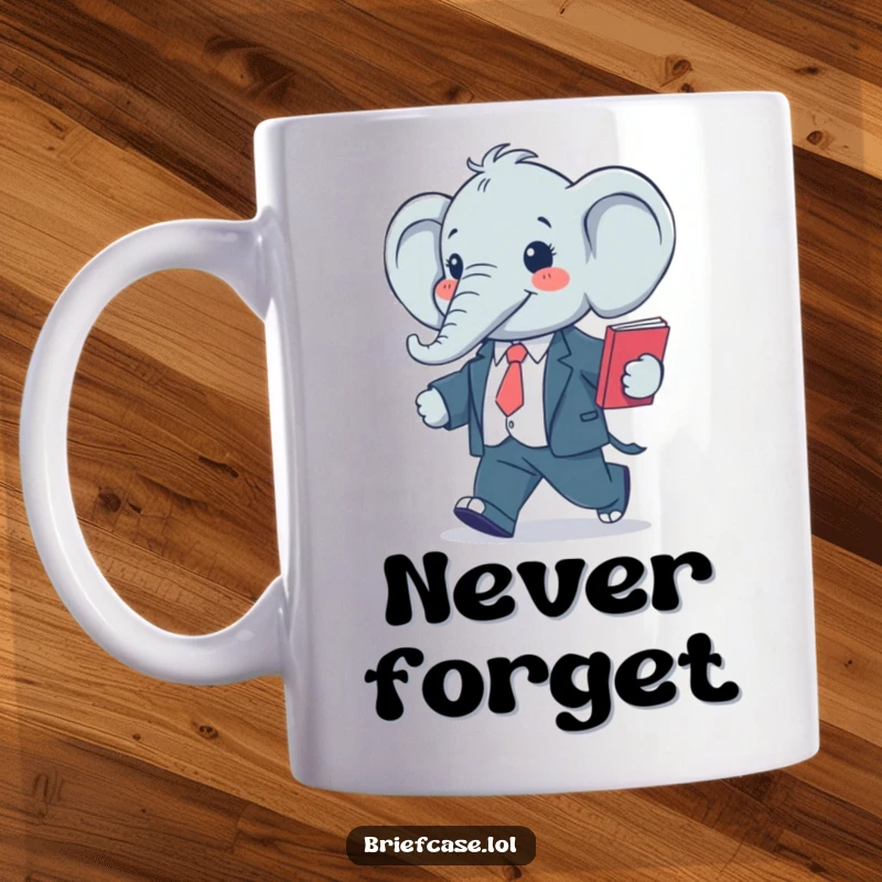 Funny mug of a happy, stylized elephant wearing a smart suit, confidently striding with a folder, exuding professionalism.