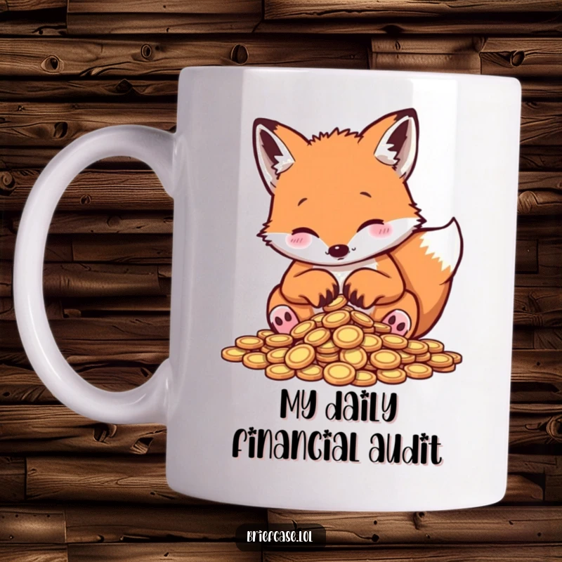Funny fox mug with paws sorting a pile of tiny coins, looking focused yet playful, ideal for a humorous gift.