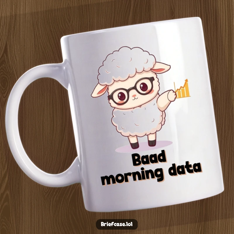 Funny mug with a fluffy sheep wearing tiny spectacles, pointing to a graph with its hoof, looking smart.