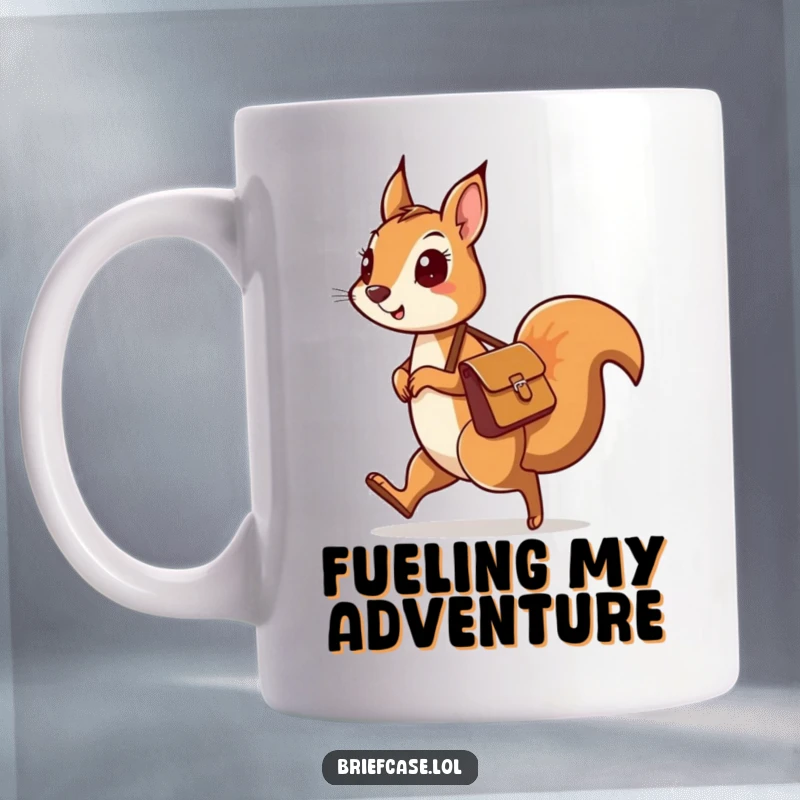 Funny mug depicting a curious squirrel character with a small messenger bag happily skipping along, ready for exploration.