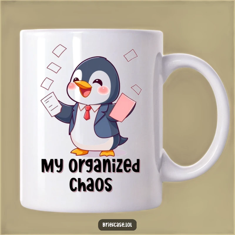 Funny Penguin in Suit Balancing Papers Mug: Perfect Gift for Organized Chaos Lovers
