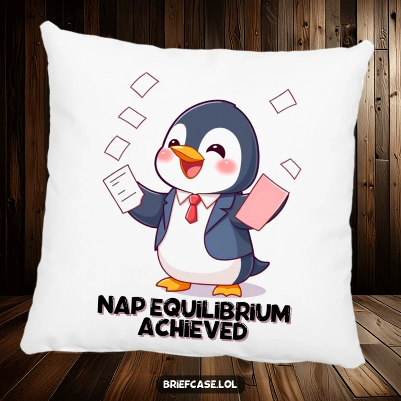 Funny pillow featuring a cheerful penguin in a suit, playfully balancing papers, offering comfort and a whimsical, organized vibe.