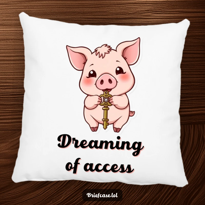 Funny pig pillow, happy animal presenting a small ornate key, plush comfort, perfect funny gift.