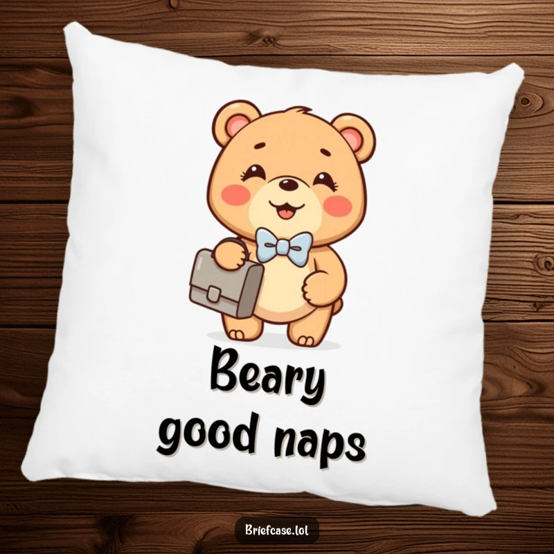 Funny Bear Cub pillow featuring a happy, round bear cub in a bowtie confidently holding a briefcase, offering comfort and humor.