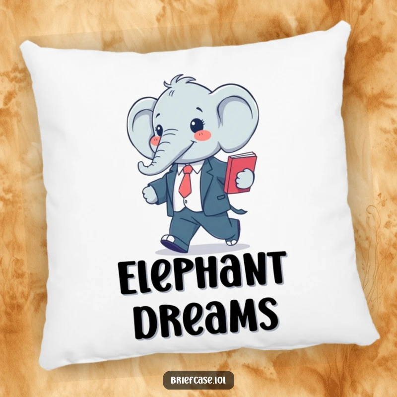 Funny pillow showing a happy, stylized elephant in a suit, confidently striding with a folder, ready for a break.