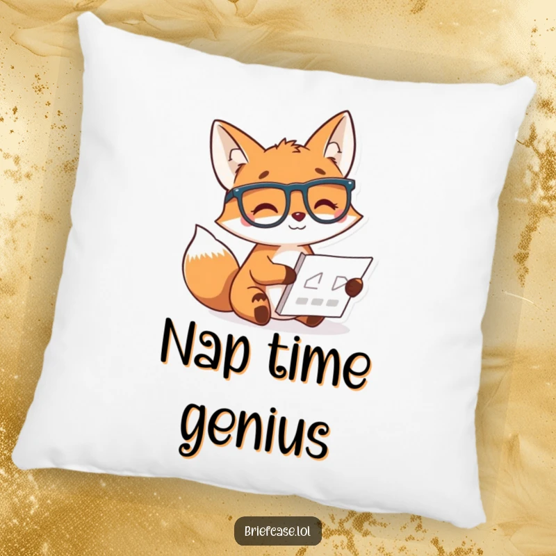 Funny pillow with a cheerful fox in glasses studying a chart, bringing academic humor and comfort to any seating area.