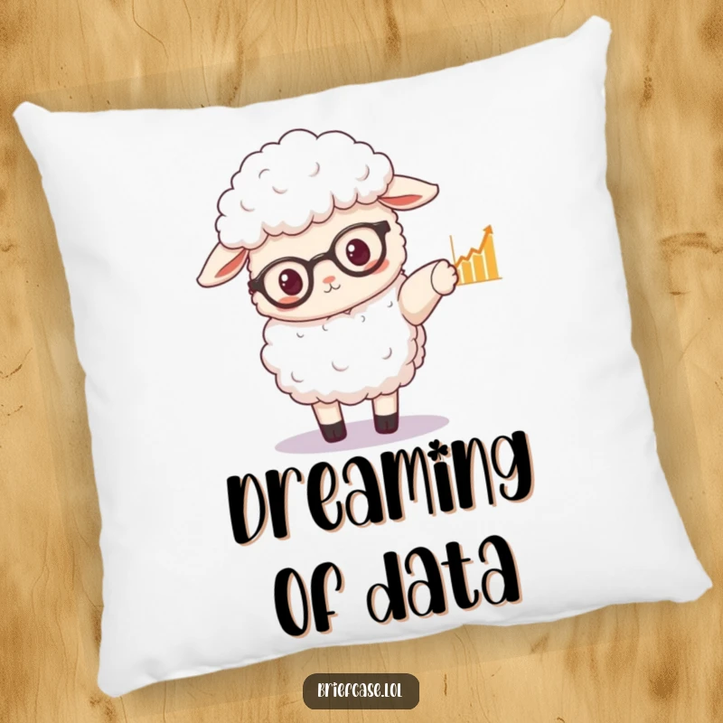 Funny pillow featuring a fluffy sheep with spectacles pointing to a graph, bringing analytical charm to comfort.