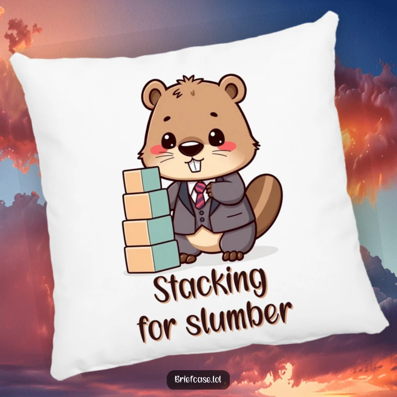 Funny pillow featuring a determined beaver in a suit, happily stacking blocks, offering comfort and a humorous, construction-themed touch.