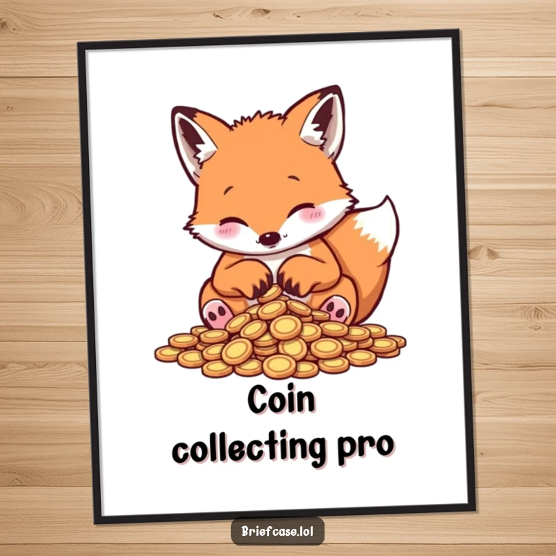 Funny fox digital art print, playful animal counting small coins with paws, instant download, hilarious wall decor.