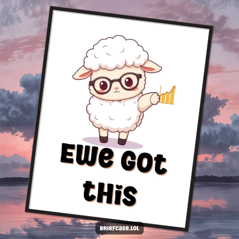 Funny digital art print of a fluffy sheep wearing spectacles, pointing to a graph with its hoof, symbolizing sharp analysis.