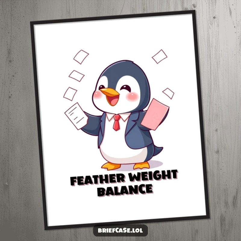 Digital funny art print of a cheerful penguin in a suit, playfully balancing papers, perfect for instant, whimsical wall decor.