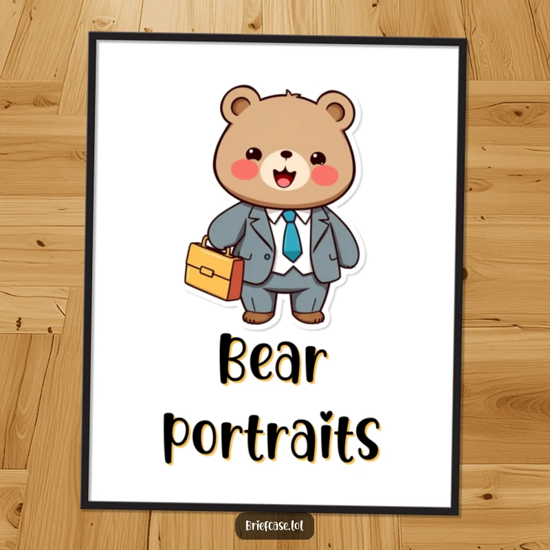 Funny digital art print of a cute, round bear in a business suit, joyfully holding a briefcase, looking professional.