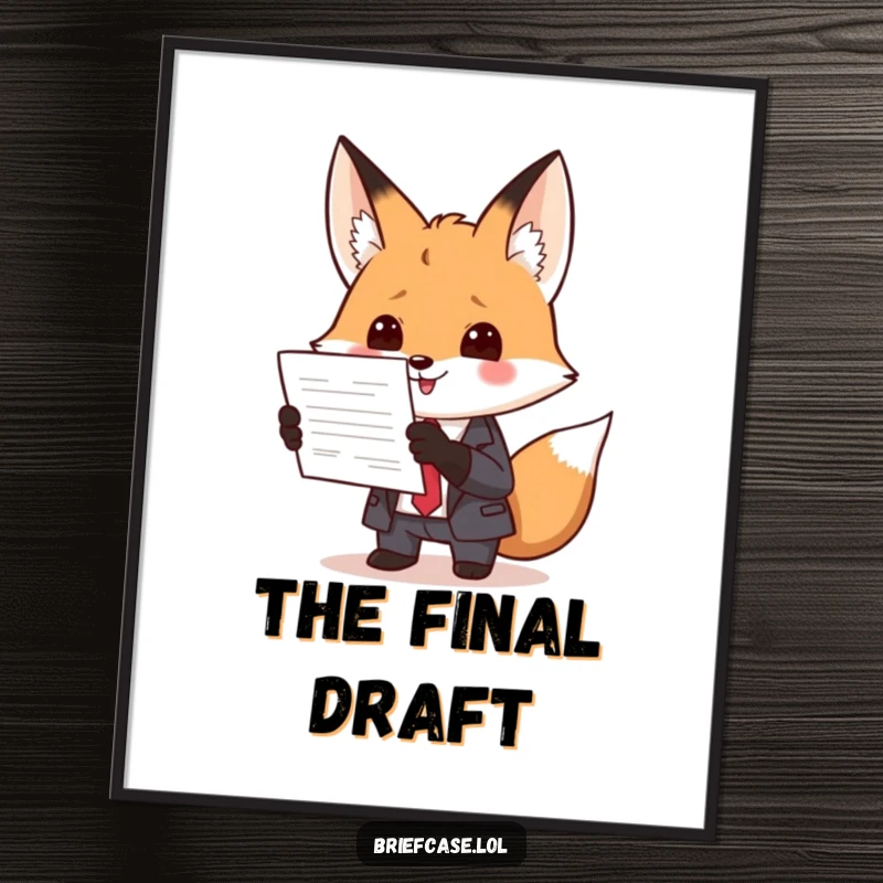 Digital funny art print of a clever fox in a suit, enthusiastically presenting a document, perfect for instant, humorous wall decor.