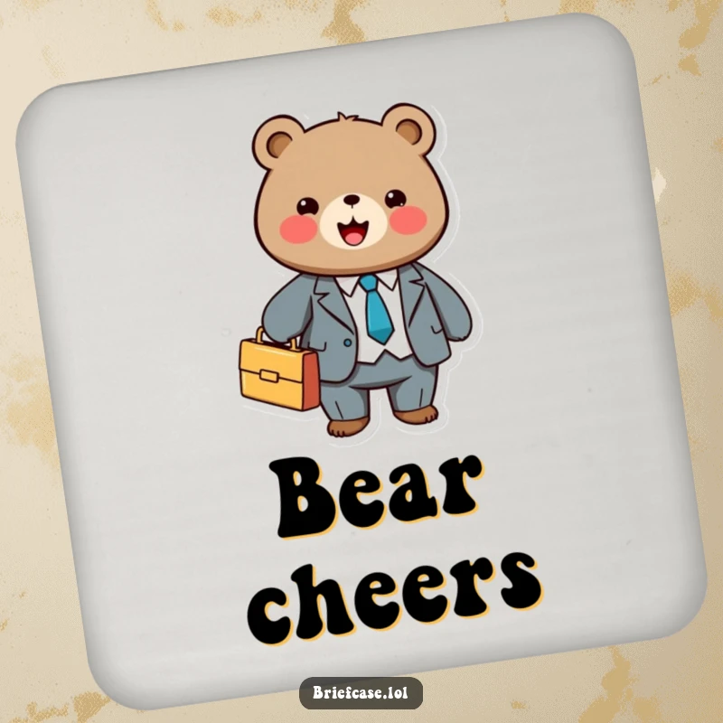 Funny drink coaster with a cute, round bear in a suit, holding a briefcase, protecting surfaces.