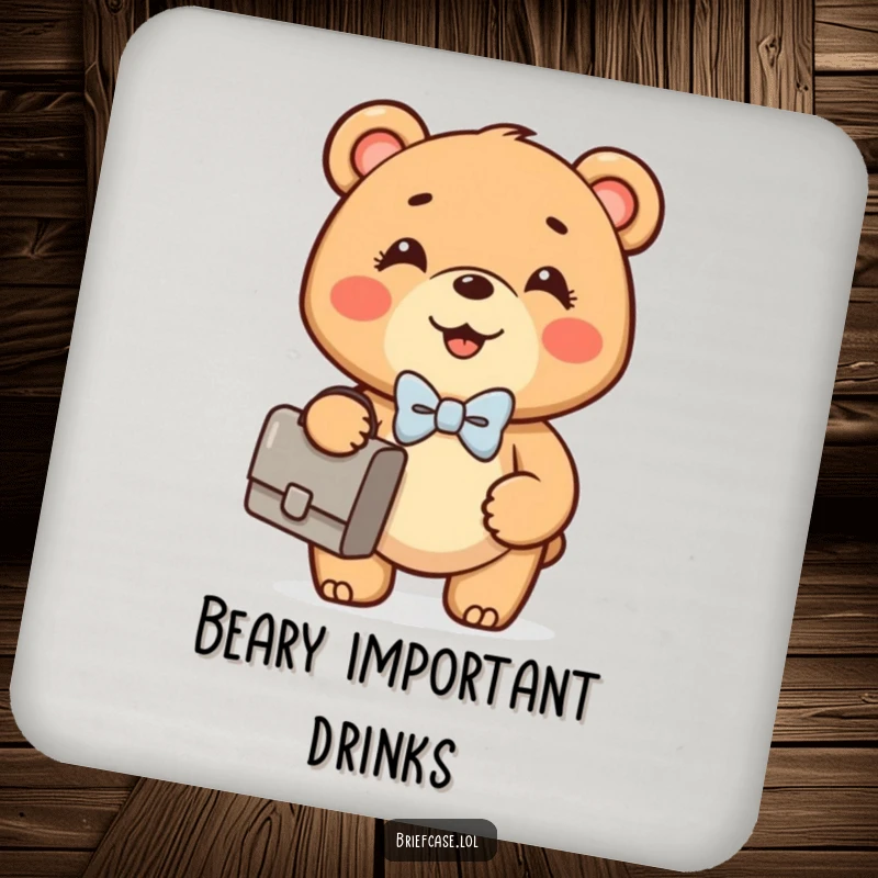 Funny Bear Cub coaster featuring a happy, round bear cub in a bowtie confidently holding a briefcase, protecting surfaces with humor.
