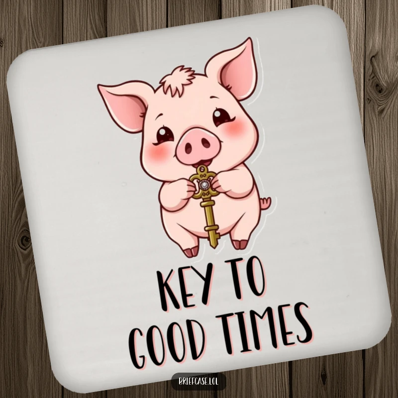 Funny pig coaster, happy animal presenting a small ornate key, protecting surfaces, ideal funny gift.