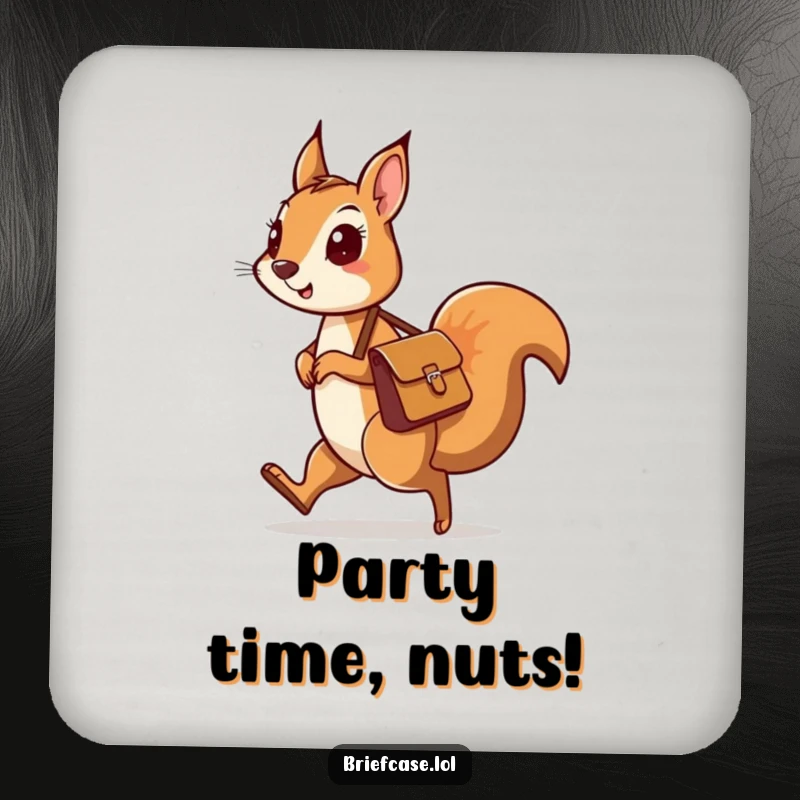 Funny drink coaster featuring a curious squirrel character with a messenger bag skipping along, adding whimsical protection.