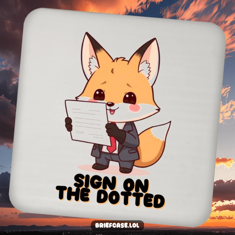 Funny drink coaster showcasing a clever fox in a suit, enthusiastically presenting a document, protecting surfaces with office-themed humor.