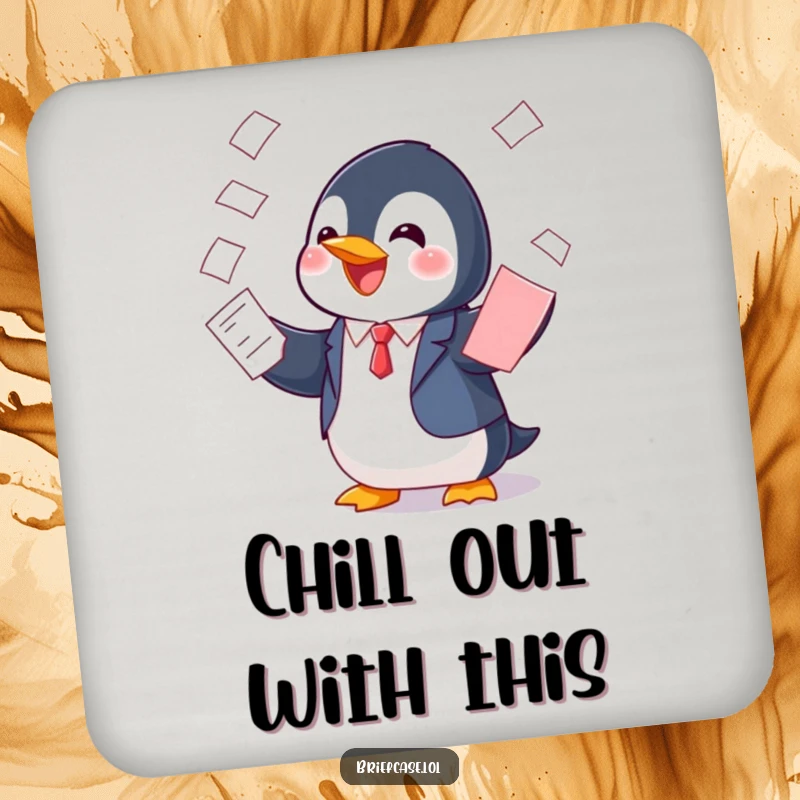 Funny drink coaster showing a cheerful penguin in a suit, playfully balancing papers, protecting surfaces with charming, organized humor.