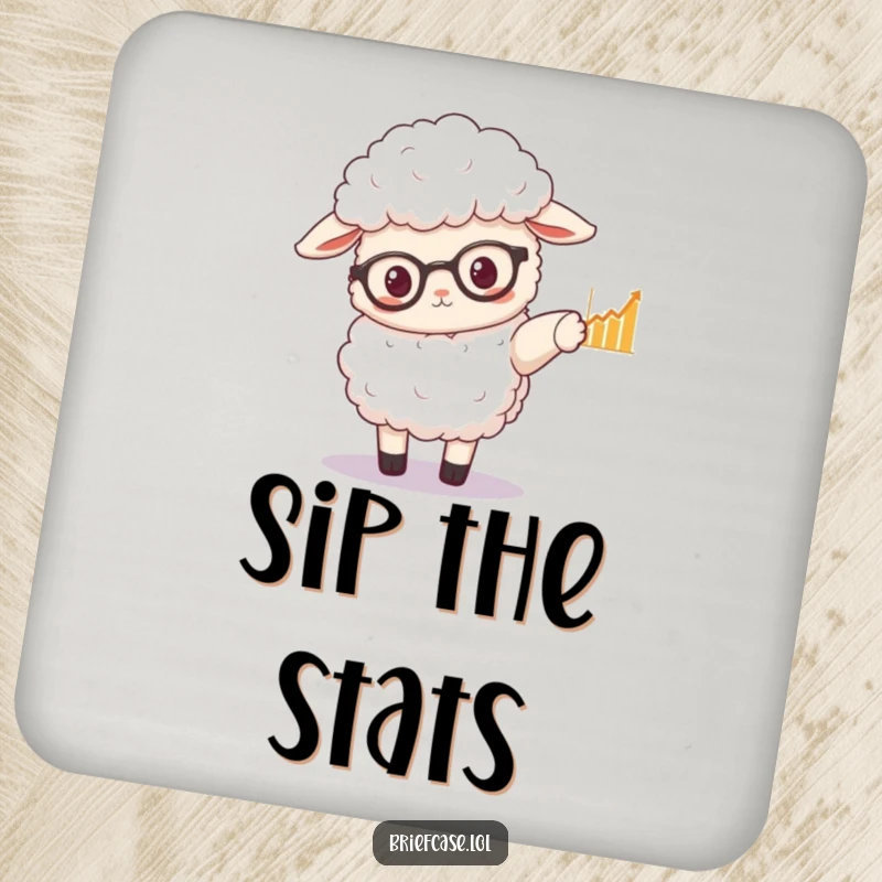 Funny drink coaster showing a fluffy sheep with spectacles pointing to a graph, adding astute decor.