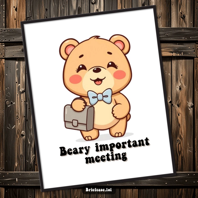 Funny Bear Cub poster depicting a happy, round bear cub in a bowtie confidently holding a briefcase, ideal for motivation.