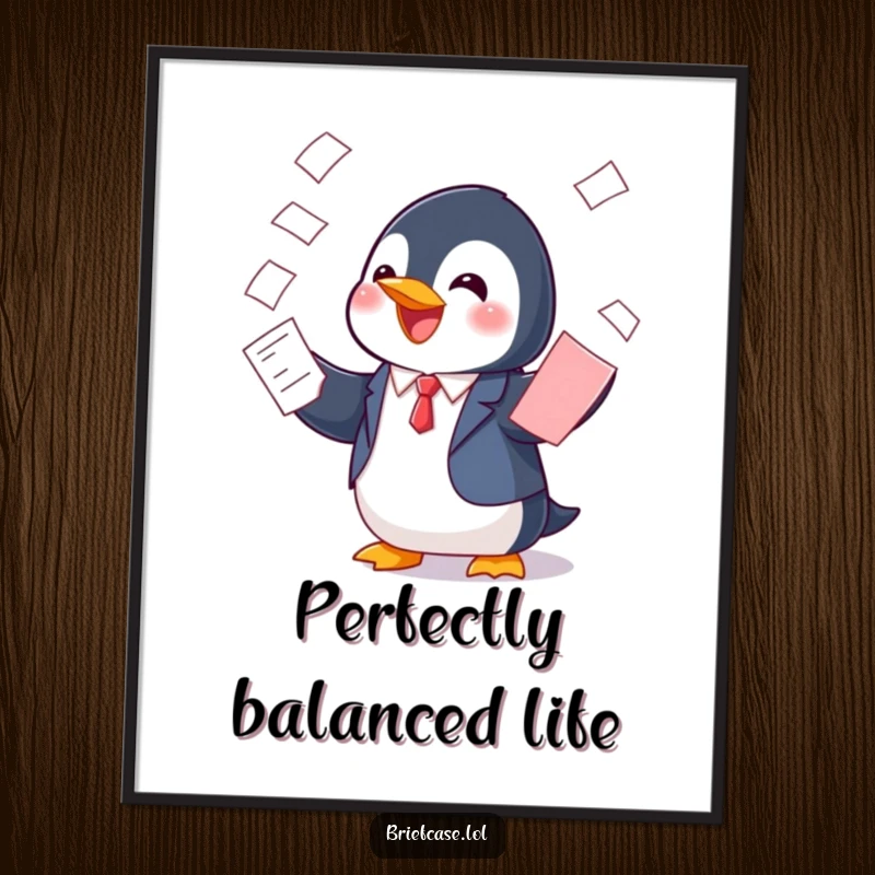 Funny poster of a cheerful penguin in a suit, playfully balancing a stack of papers, adding a whimsical and humorous touch to decor.