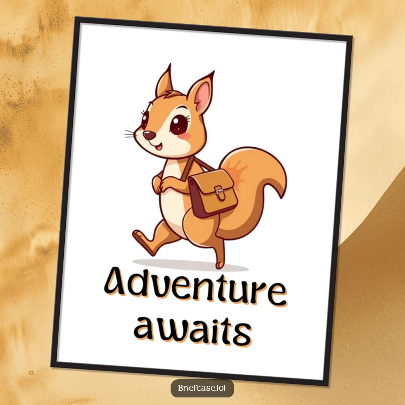 Funny poster featuring a curious squirrel character with a messenger bag skipping along, embodying a spirit of adventure.