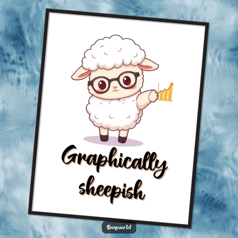 Funny poster: a fluffy sheep wearing spectacles points to a graph with its hoof, a symbol of astute analysis.