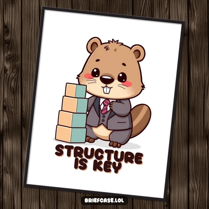 Funny poster of a determined beaver in a suit, happily stacking building blocks, bringing a humorous and motivational office vibe.