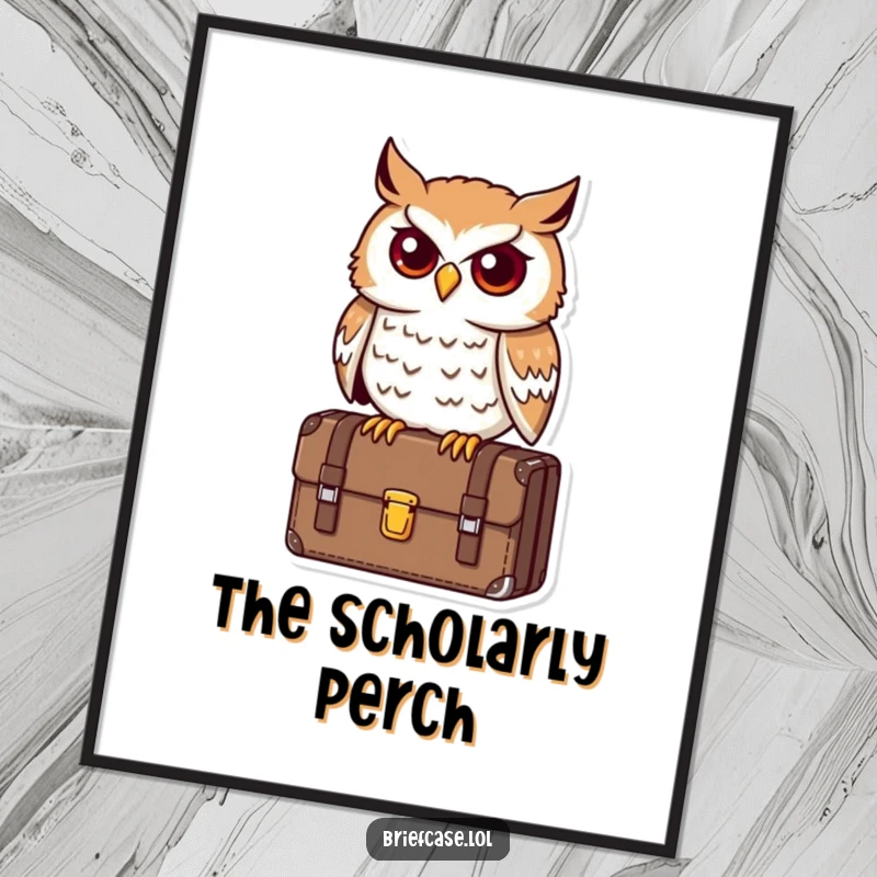 Funny owl poster, determined bird perched on a briefcase, looking astute and wise, ideal funny gift.