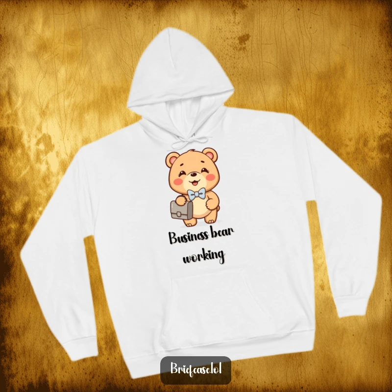 Funny Bear Cub hoodie showing a happy, round bear cub in a bowtie confidently holding a briefcase, offering comfort and humor.