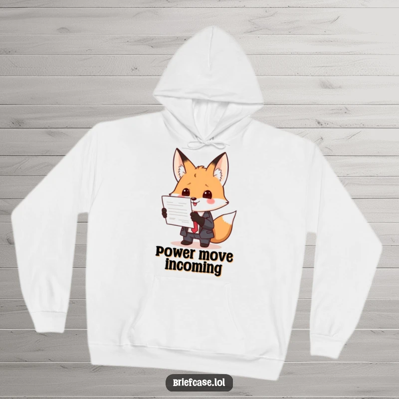 Funny hoodie depicting a clever fox in a formal suit, enthusiastically presenting a document, offering warmth and a humorous office vibe.